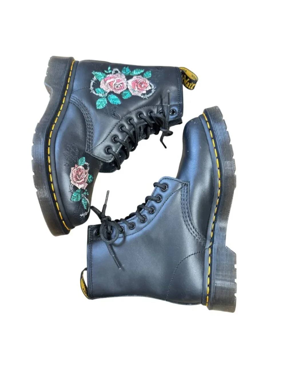 NEW Dr Martens Vonda Chain II Boots Size 6 Black Leather Embroidered Pink Roses